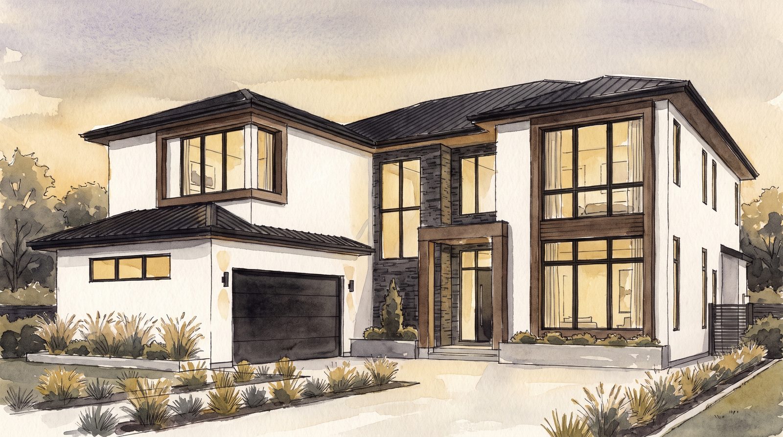 Modern luxury home, architectural watercolor illustration