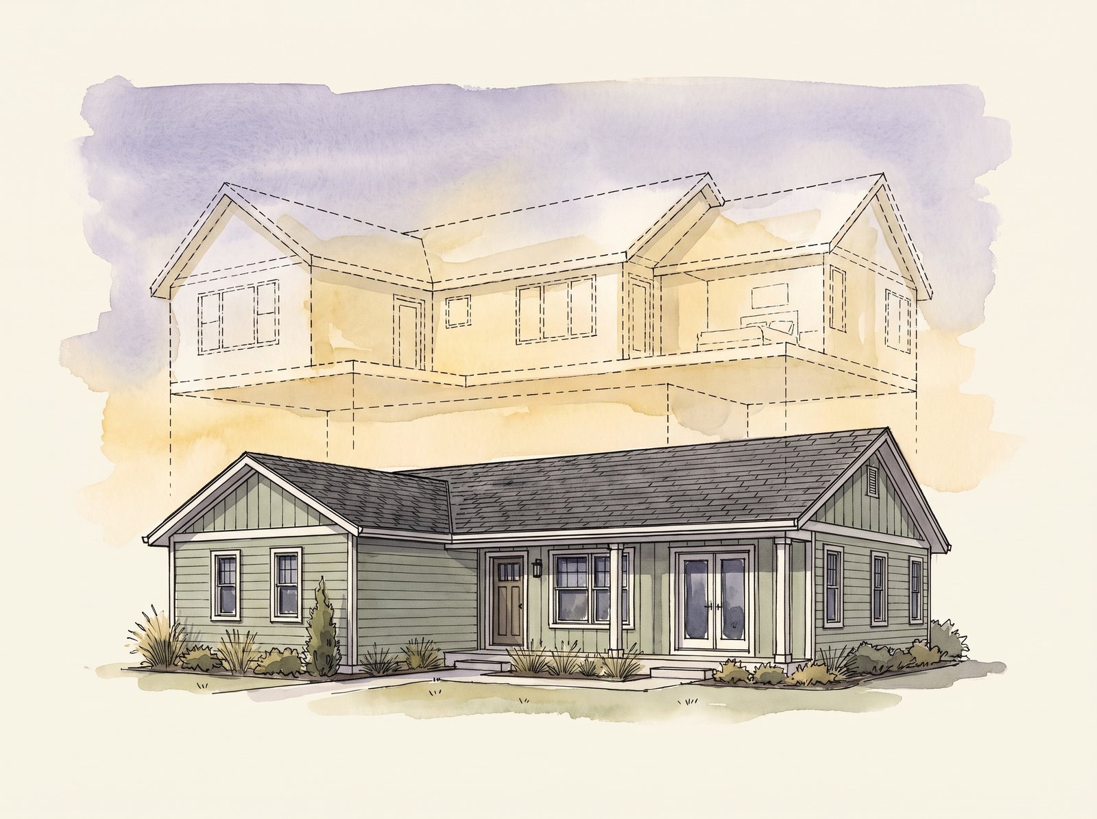 Watercolor sketch of a single-story home with a planned second-story addition drawn in dashed lines