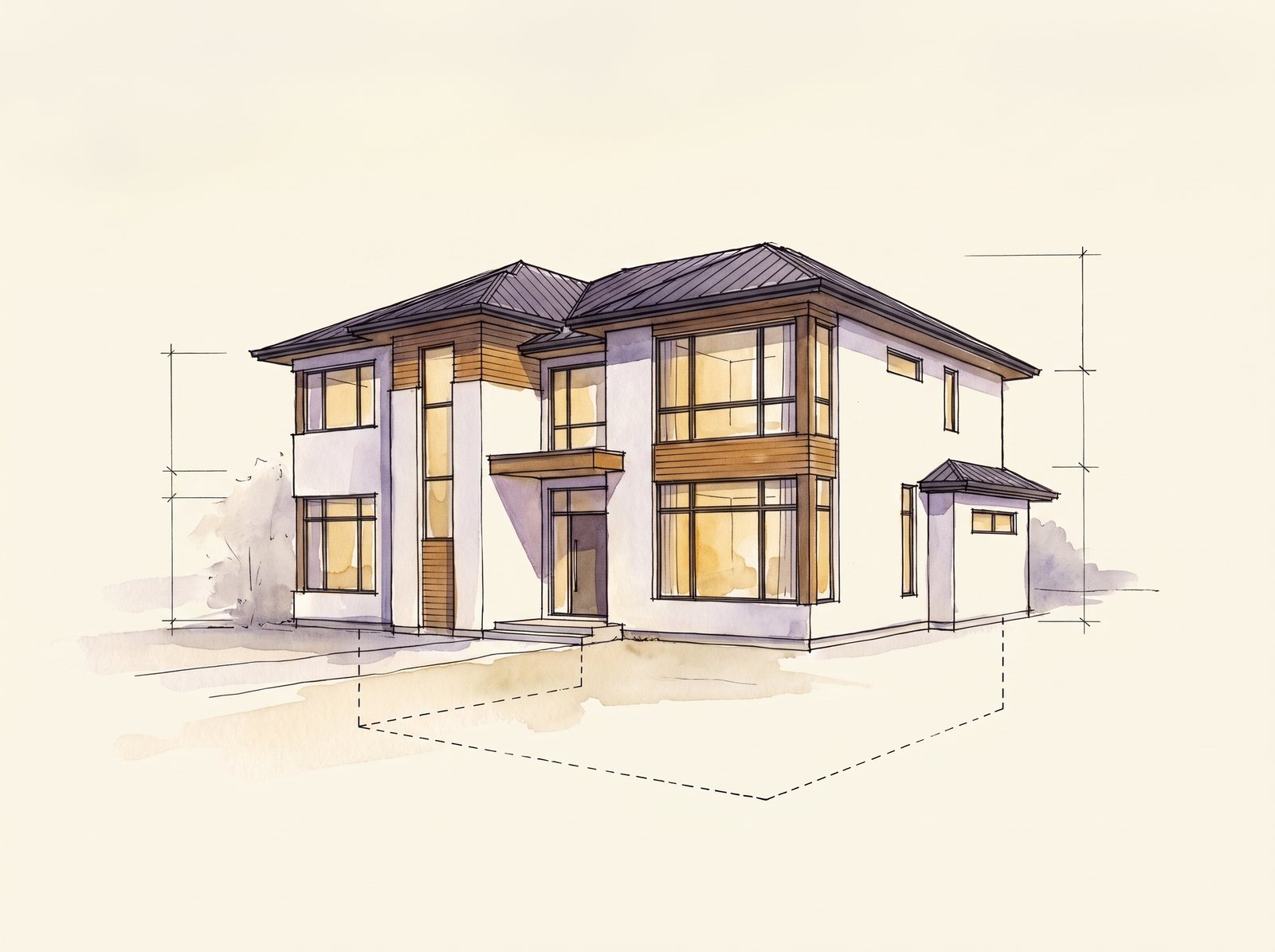 Watercolor architectural sketch of a modern custom home on its lot