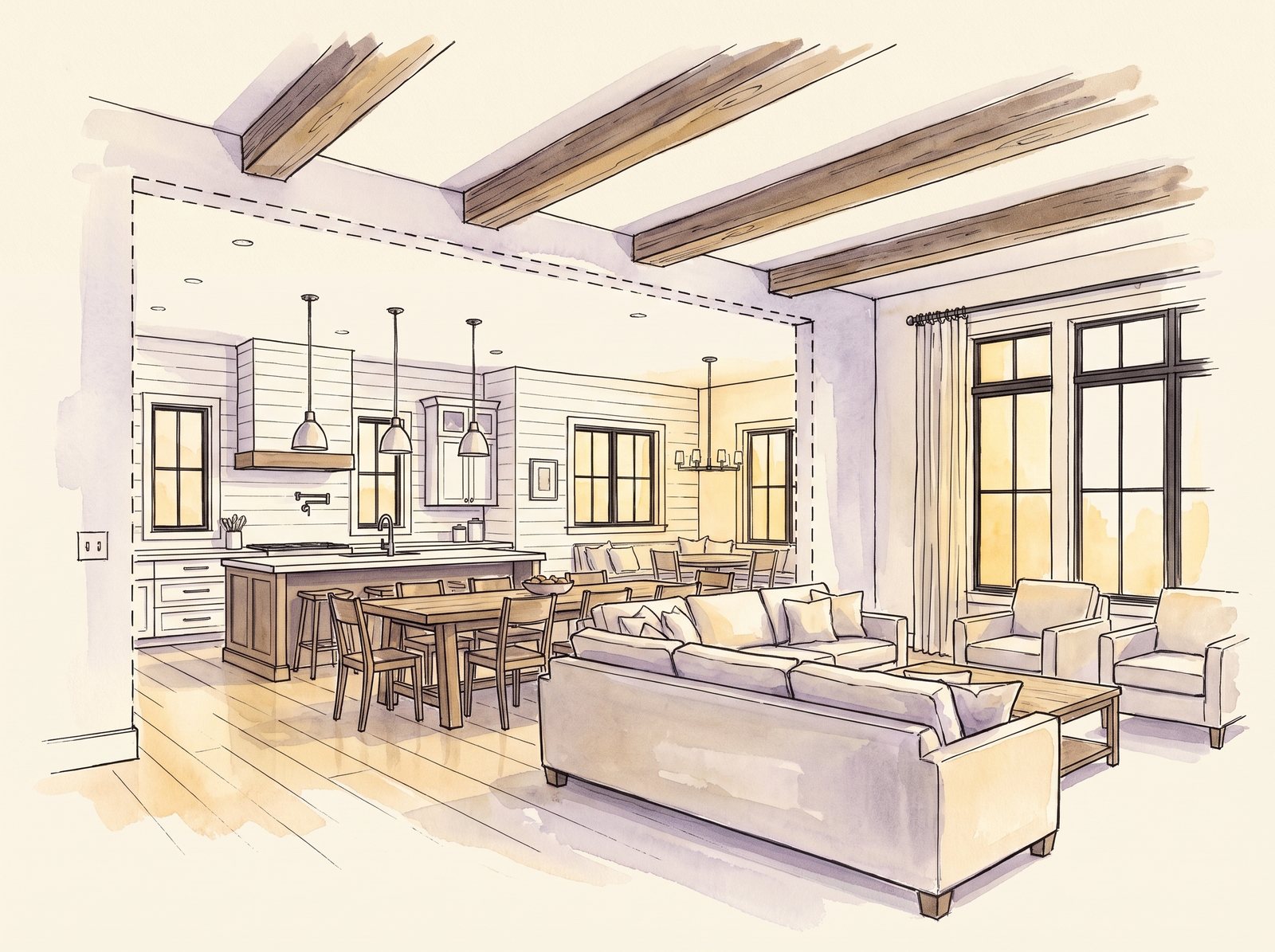 Watercolor sketch of an open-plan great room with the dividing wall being removed